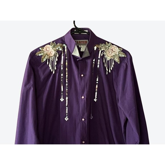 Wanted By Beads Beautiful Vintage Medium Purple Silver Pink Floral Sequin Shirt - Picture 2 of 8